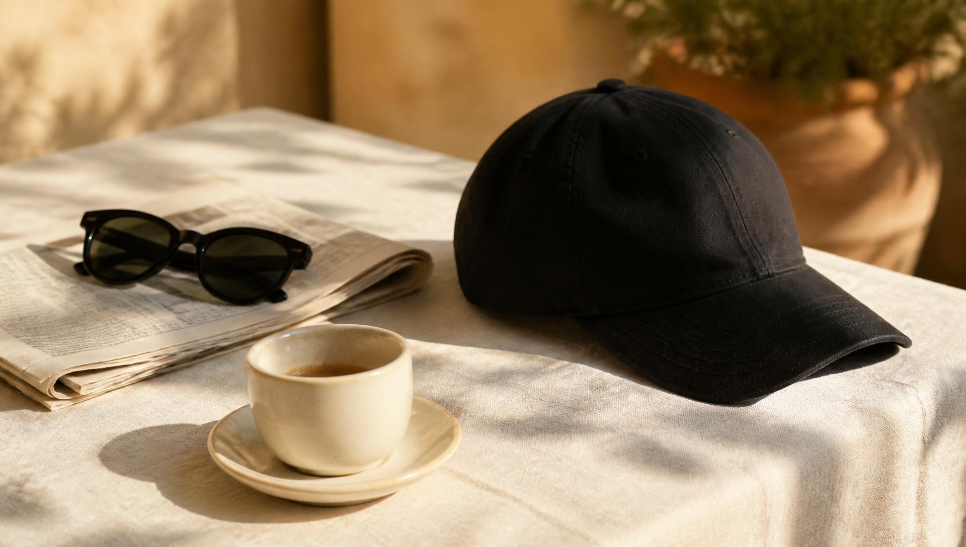 Espresso, newspaper, sunglasses and a black cap on a linen table