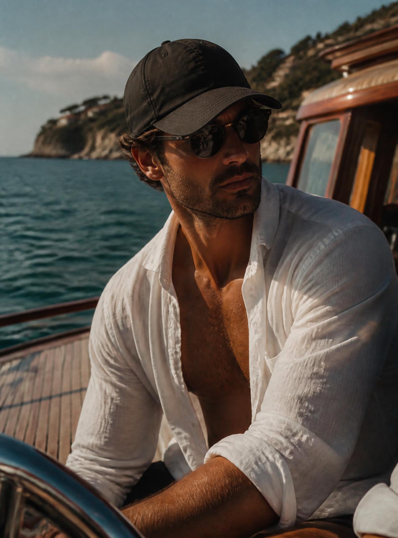 A man wearing the black Rich and Stressed cap aboard a boat on the Mediterranean