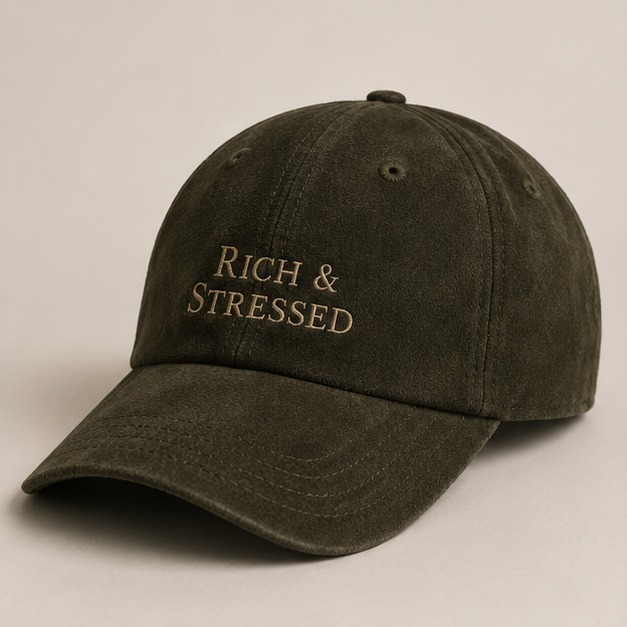 Olive suede Rich and Stressed cap, front view with embroidered serif lettering