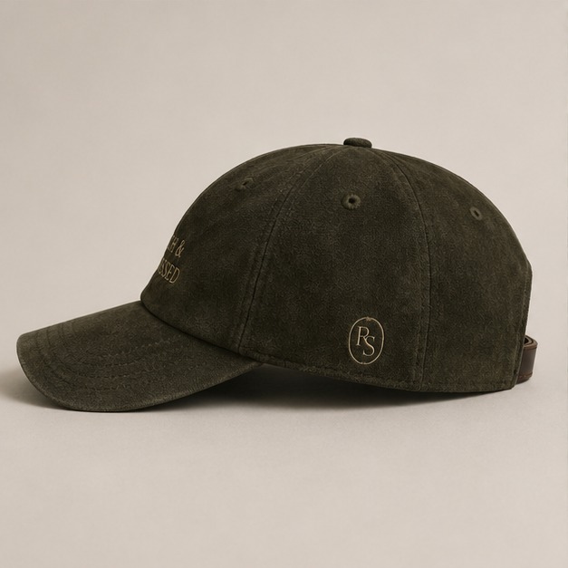 Olive suede Rich and Stressed cap, side profile view