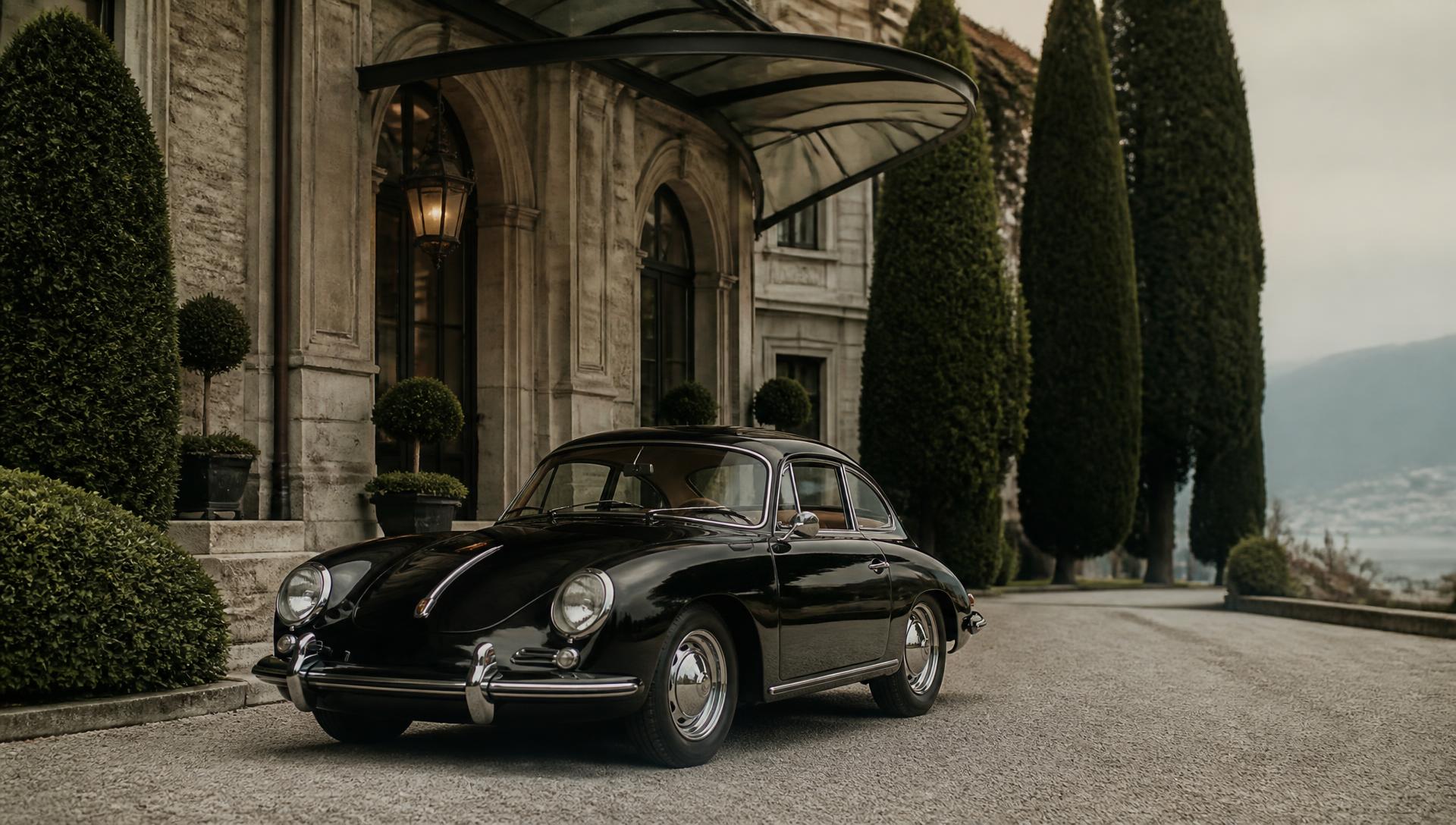 Vintage black Porsche 356 parked under the portico of a lakeside villa hotel