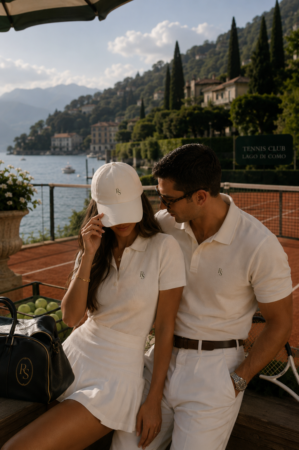 A man and woman in white tennis attire relaxing beside Lake Como