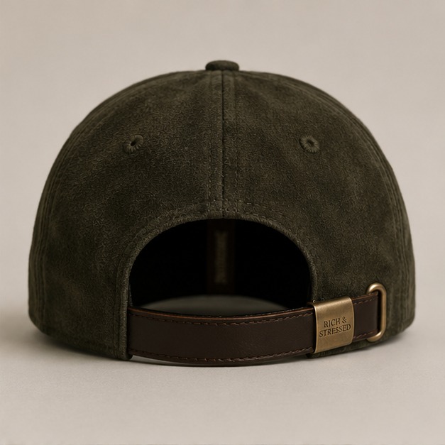 Olive suede Rich and Stressed cap, back view with leather strap and brass clasp