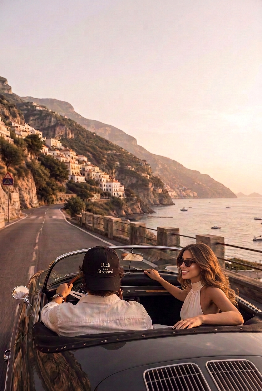 Couple driving a vintage black Porsche along the Amalfi Coast, the driver in the Rich and Stressed cap